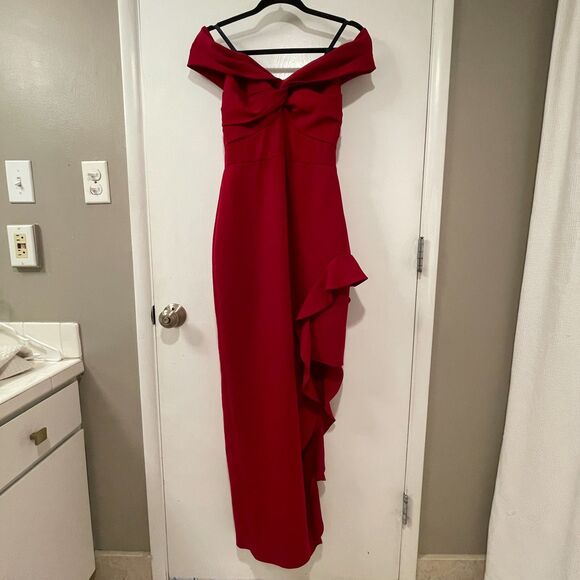 Shoshanna Midnight Off the Shoulder Ruffle Slit Cocktail Long Gown Red 4 - Picture 4 of 13